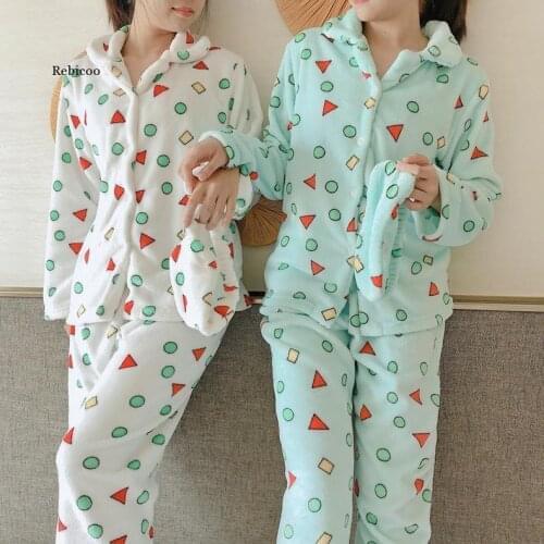 Flannel Pajamas Women Winter Geometric Pattern Coral Fleece Home Clothes Warm Thickening Set