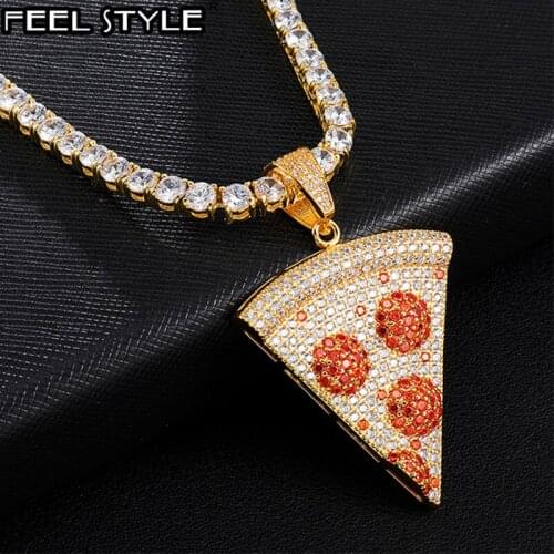 Cubic Zirconia Iced Out Pizza Shape Copper Micro Paved Zircon Pendant & Necklace For Men Hip Hop Jewelry With Tennis Chain