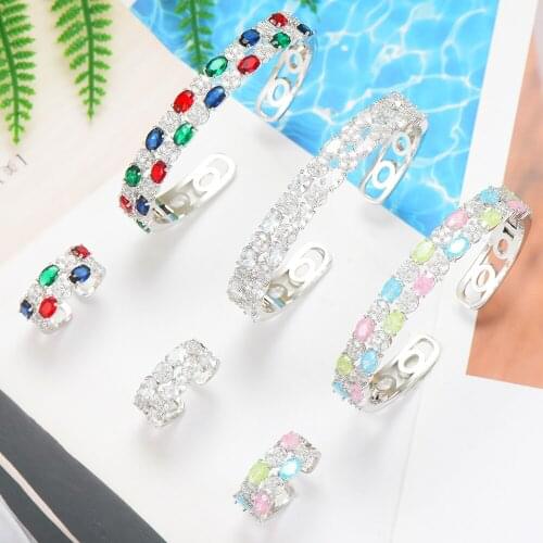 LARRAURI 2PCS Romantic Jewelry Sets Multicolor Crystal Cubic Zircon Elegant Bridal Dubai African Wedding Bangle/Ring For Women