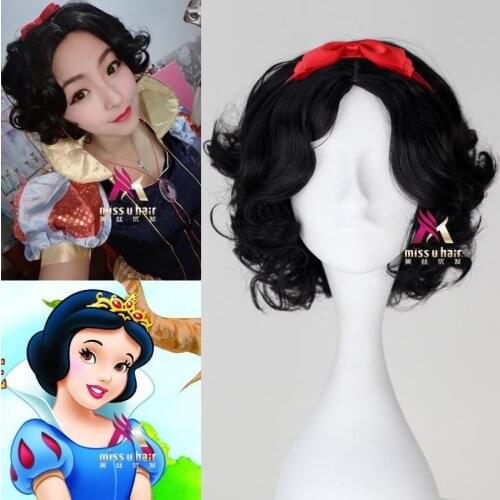 Snow white princess wig curly hair heat resistant synthetic wigs for women short black wig costume halloween wigs +wig cap