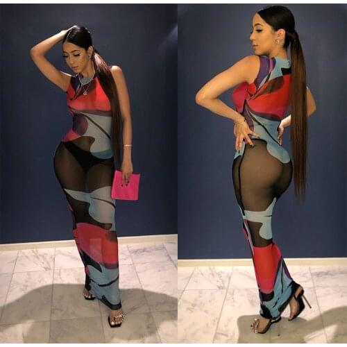 Sexy Sheer Mesh See Through Dress Print Sleeveless Maxi Long Drresses High Stretchy Party Dresses Women HB826