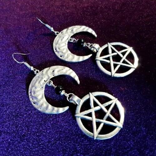 Satanic Moon Earrings for Black Witches - inverted pentagram occult gothic