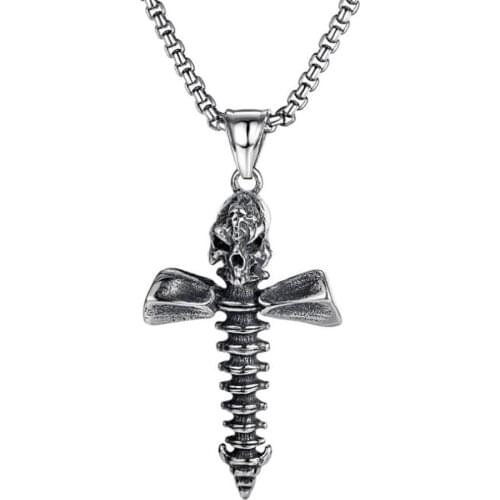 Stainless Steel Vintage Screw Cross Skull Pendant Necklace Punk Rock Jewelry Gift For Him with Chain