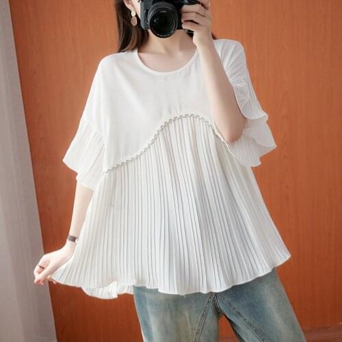 Women Summer Loose Casual T-shirts New Arrival 2021 Simple Style O-neck Solid Color Patchwork Chiffon Female Tops Tees B431