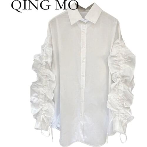 QING MO 2021 Autumn Fashion New Blouse Loose Casual Solid Color Drawstring Long Sleeve Blouse Black White ZWL278