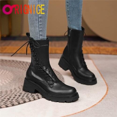 Orignice Autumn Winter Women Ankle Boots Black Genuine Leather 2021 Fashion Lace Up Zipper Waterproof Female Platform Shoes