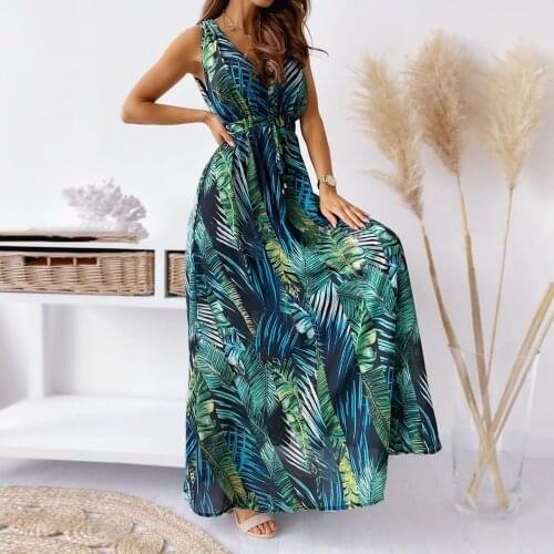WomenS Summer Long Dress Fashion New Floral Print Deep V-Neck Halter Strap Long Dress Banquet Wedding Guest Holiday Beach