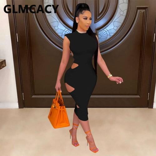 Women O-neck Sleeveless Hollow Out Bodycon Midi Dress