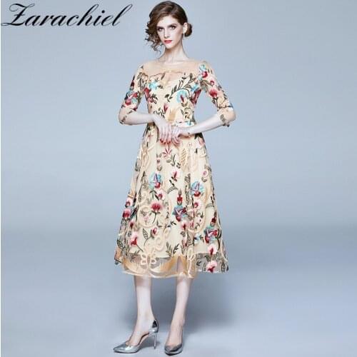 High Quality Luxury Flower Embroidery Dress Women Slim Fit and Flare Overlay Mesh Dress Female Sexy Party Midi Dress vestidos