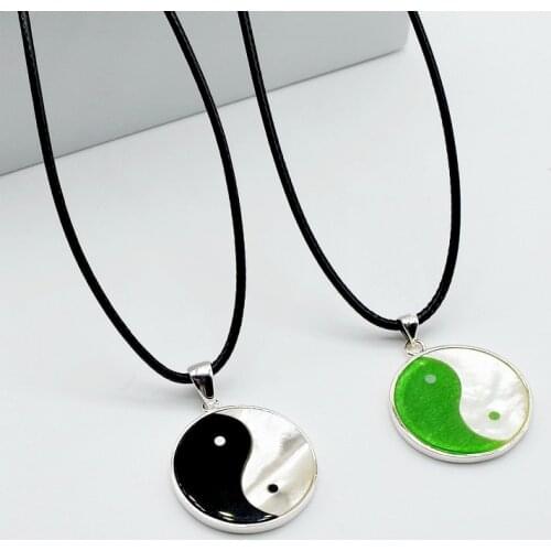 Large Yin Yang silver pendant necklace, black rope necklace, personalized pendant, unisex, agate and jade, free shipping