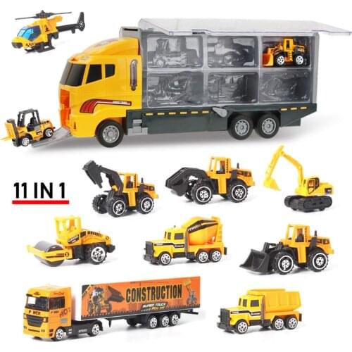 11in1 Big Truck & Mini Alloy Car Model 4 Type Engineering Vehicles Toy Carrier Truck with Ejection & Carry Function Gift Boys