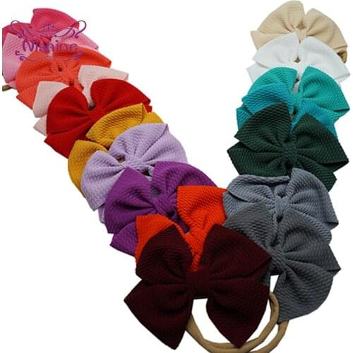 Nishine 5pcs/lot 4.5 Inches Soft Fabric Handmade Bowknot Baby Hair Rope Solid Color Bows Elastic Nylon Hairband Sweet Headwear