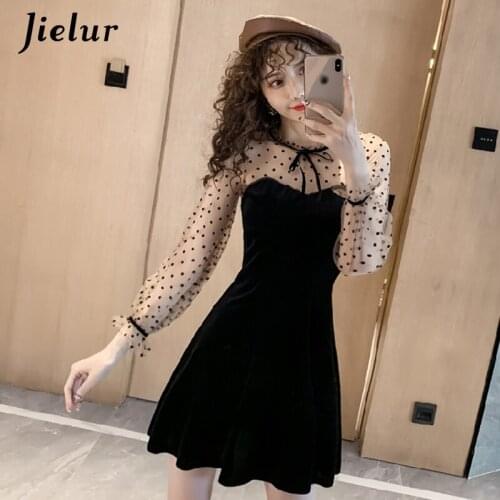 Jielur Elegant Mesh Dress Women Skinny Fashion Autumn Black Sexy Dress Beautiful Spliced Pleuche Vestidos Verano 2021 S-XL