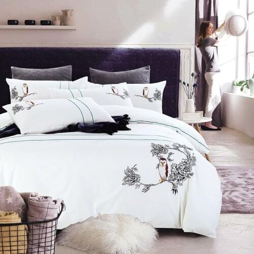 New 100% cotton 5 star hotel bedding set queen king 4pcs luxury bed sheet bed linen set embroidered duvet cover birds white