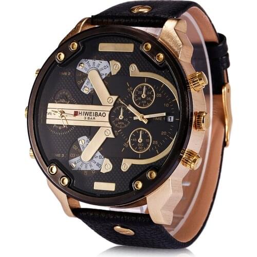 Cool Mens Watches Big Golden Case DZ Military Style Quartz-Watches Relogio Masculino Leather Strap Dual Times Sports Wristwatch