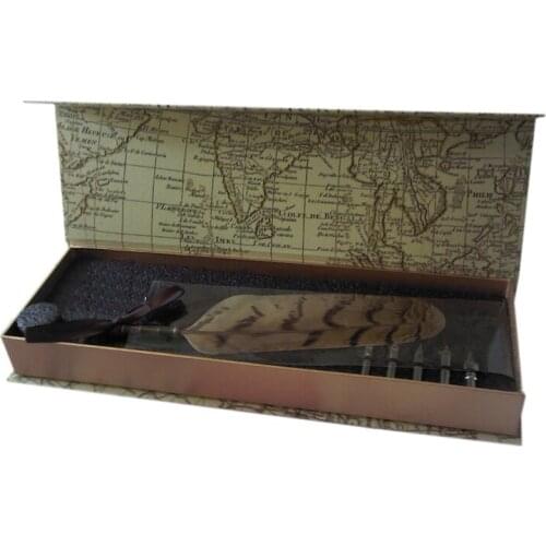 Natural Owl Feather Fountain Vintage Pen with Gift Box Feather Pen