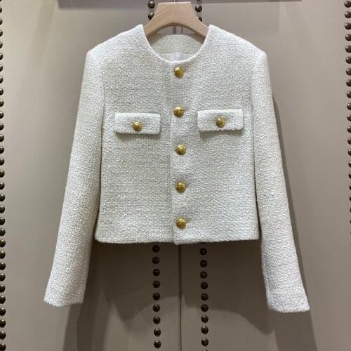 Luxury Designer Wool Coat Women Vintage O Neck Tweed Jackets Buttons Elegant Office Lady Outwear