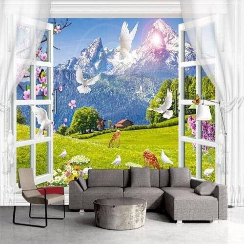 Self-Adhesive Wallpaper 3D Window Snow Mountain Grassland Animal Landscape Photo Wall Murals Living Room TV Waterproof Stickers