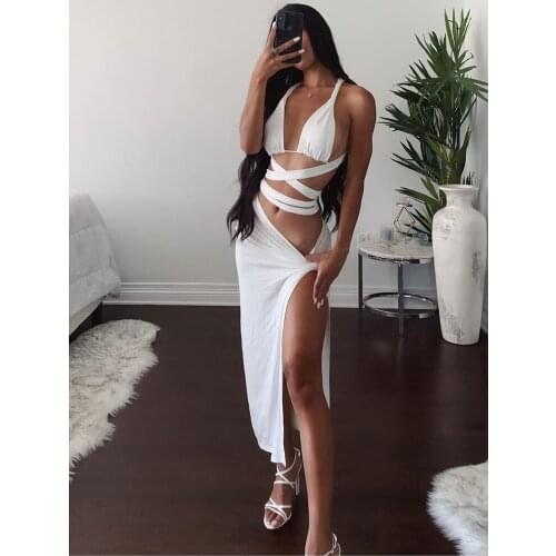 Sexy Two Piece Set Women Summer Criss-Cross Lace Up Backless Party Clothes Crop Top Side Pleats Split Long Skirts Sets white