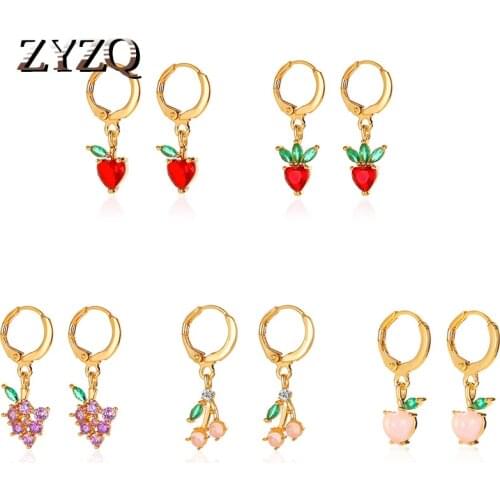 ZYZQ Korean Small Fresh Fruit Earrings for Women Sweet Cubic Zirconia Peach Strawberry Earrings Art Student бижутерия 2020
