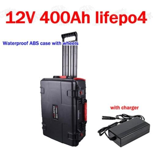 GTK waterproof 12V 400AH Lifepo4 battery lithium BMS with wheel trolley case easy carry for Solar System UPS caravan +20A Charge