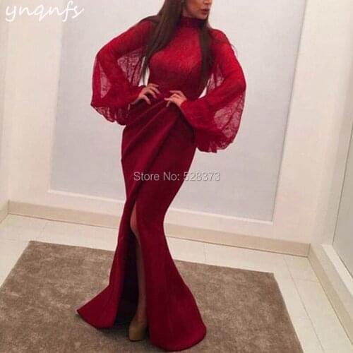 YNQNFS M165 Burgundy Elegant Mother of Bride Dresses Robe Soiree Dubai Lace Long Sleeve Pleats High Slit Formal Dress Party 2019