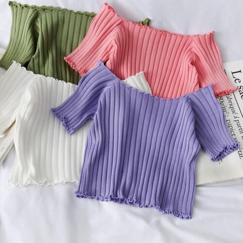 Women Summer T Shirt 2021 New Off Shoulder Striped Short Crop Tops Solid Knitted Casual T-shirts Stretchy Candy Color Top