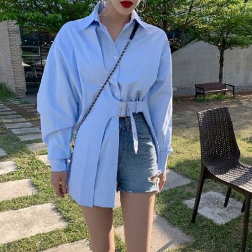 Womens Mid Length Ladies Casual Tops Loose Long Sleeve Boyfriend Shirt With Belt