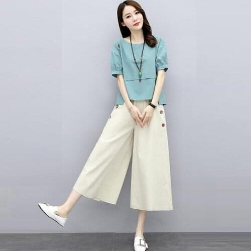 2 Piece Sets Womens Cotton And Linen Outfits Short Sleeve O-Neck Tops+Wide Leg Pants 2020 Summer Casual Two Piece Set AA5447