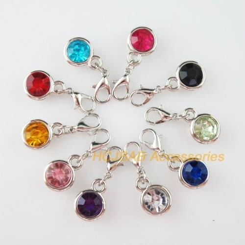 10 New Fashion Dull Silver Plated Round Charms With Lobster Claw Clasps Mixed Crystal 11x15mm