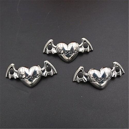 6pcs Silver Plated Adouble Wings Love Heart Charm Pendant Halloween Bracelet Necklace DIY Metal Jewelry Making 42*17mm A1490