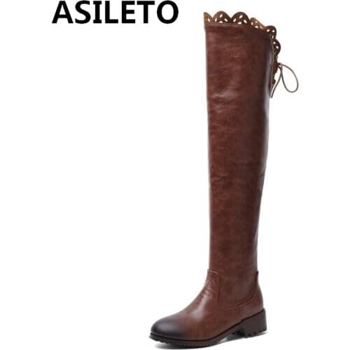 ASILETO Woman Slim Sexy Winter Over Knee Boots Round Toe Square Heel Zipper Slip on Lace Big size 34-48 Black Casual S1767
