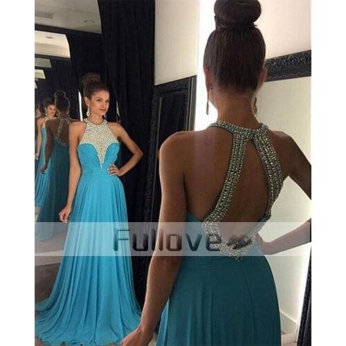 Noble Halter Turquoise Crystal Beaded A-Line Evening Dresses Long 2019 Off The Shoulder Backless Formal Dress Party Gown Vestido