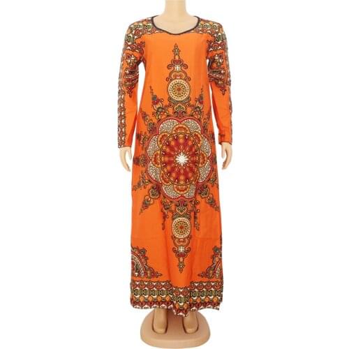 Dashiki Long Sleeve Women Dresses Ethnic Style Print Orange O-Neck Spring Elegant African Maxi Dresses