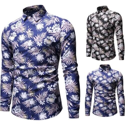 Mens Long Sleeved Shirt Turn Down Collar Floral Cardigan Shirt Casual Slim Beach Type Single-Breasted Tops