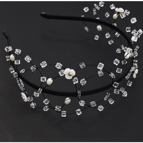 European Bridal Luxury Long Pearl Crystal Flower Headbands Hairband color metal Wedding Hair net Handmade Women Chain Headband