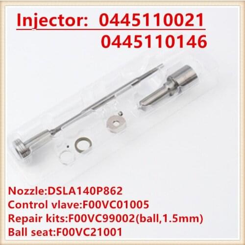 Injections 0445110021 0445110146 diesel injector repair kits F00VC01005 DSLA140P862 Nozzle,Valve,Sealing ring,Ball, Ball seat