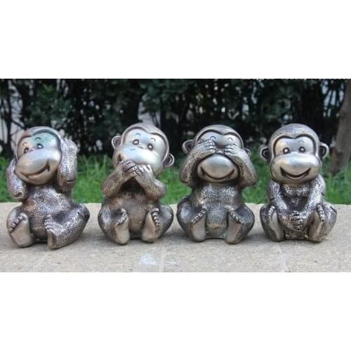 Chinese White Copper Silver Four Monkey No Listen No See No Say No Do Set Statue