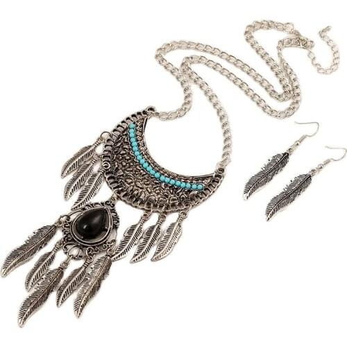Retro Gem Leaves Tassel Necklace Earrings Set Trendy Bohemian Crescent Leaf Choker Necklaces Women Jewelry Set