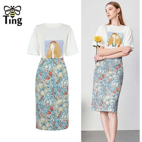 Tingfly Women Fashion Printing T Shirts + Floral Midi Skirts Sets Summer Casual Streetwear France Chic Dress Set Outfits Zaful