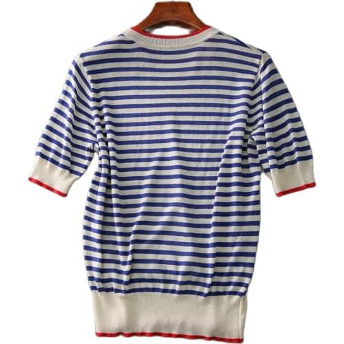 2021 summer hot new style, navy style striped round neck short-sleeved pullover loose and thin knit T-shirt summer