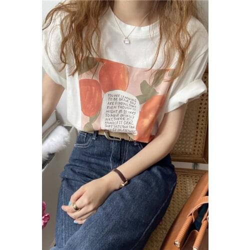 Summer Fashion T-Shirt For Women 2021 New Casual Simple Loose Sweet Printing Short Sleeve Girls O-Neck Soft Orange Ins Tops Tee