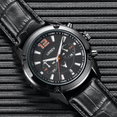 LeeEv Mens Sport Leather Watch Military Chronograph Luminous Analog Quartz Multifunction Wrist Watch for Gifts