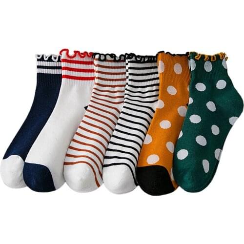 Spring Summer New Female Point Pile Socks Japanese Sweet Wood Ear Striped Frilly Socks Female Boat Socks Socks Eu 35-43 Size