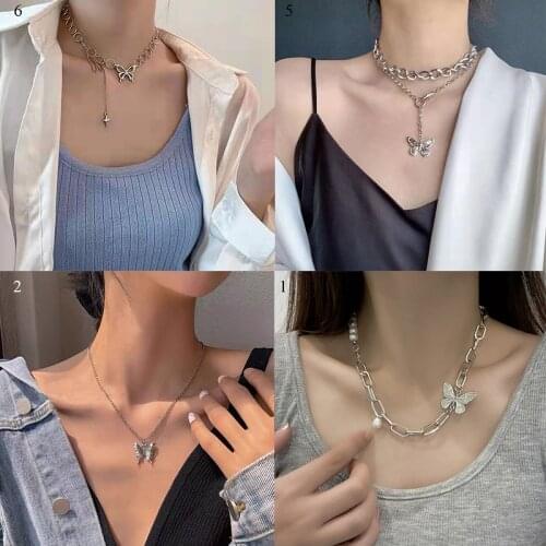 Butterfly Pearl Stitching Necklace For Women Girls Fashionable Niche Style Individuality Creative Pendant Popular Clavicle Chain