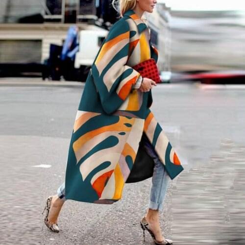 Coat Women Woolen Winter Trench Coat For Women Fashion Geometric Print Color Female Casual Long Turn-Down Collar Outwear