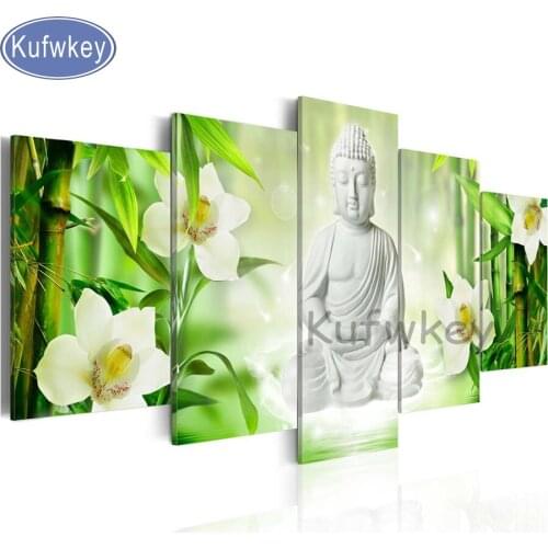 Full Square 5D Custom Diamond Painting Photo buddha,Waterfall flower landscape Cross Stitch Mosaic Embroidery Wedding art 5 pcs