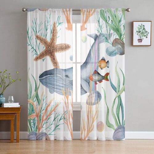 Whale Starfish Seaweed Sheer Curtains for Living Room Bedroom Kitchen Tulle for Windows Voile Drapes Home Decoration