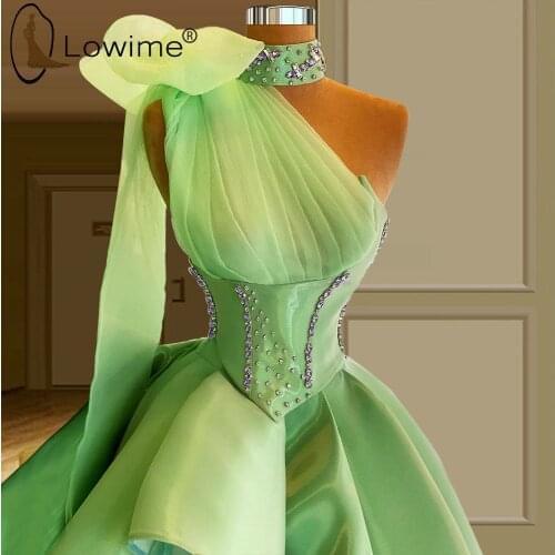 Green One Shoulder Long Sleeve Wedding Evening Dresses 2021 A Line Crystals Ruched Vestidos De Fiesta De Boda