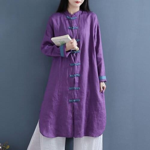 Cotton And Linen Thin Windbreaker Mid-Length Stand Up Collar Button Coat Female Retro Spring Chinese Style Large Size Tops zh443